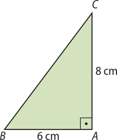 Ilustração de um triângulo A B C, retângulo em A. O cateto menor, A B, mede 6 centímetros. O cateto maior, A C, mede 8 centímetros.