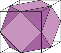 Ilustração de um poliedro inserido em um cubo. O poliedro possui faces triangulares e faces quadradas e seus vértices tocam as arestas do cubo.