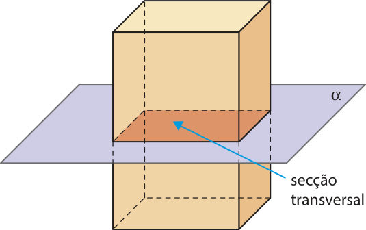 Ilustração de um paralelepípedo sendo seccionado por um plano paralelo à base. A intersecção entre o plano e o sólido é um quadrilátero congruente aos quadriláteros das bases e está destacado.