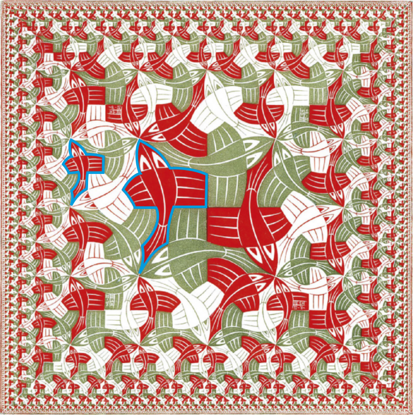 Gravura contendo formas de peixes em três cores diferentes, que se encaixam entre si, preenchendo a superfície do quadro. As formas são maiores no centro e, conforme se afastam dele, ficam cada vez menores. Duas dessas figuras, uma maior e outra menor, estão contornadas em azul.