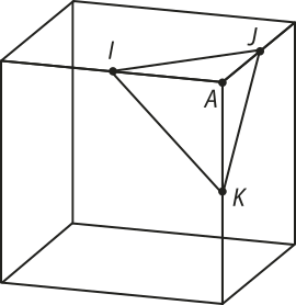 Ilustração de um cubo. Nas arestas em torno do vértice 'A', foram colocados os pontos 'I', 'J' e 'K', um em cada aresta, formando uma pirâmide.