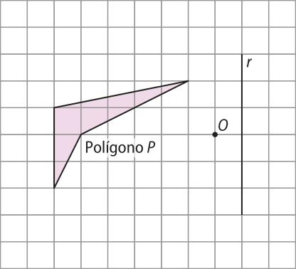 Ilustração de um polígono não convexo 'P' e uma reta vertical 'r'. O polígono está à esquerda da reta, possui quatro lados formando duas pontas, sendo que a ponta maior está voltada para cima e dista dois quadradinhos da reta 'r' Entre eles há um ponto 'O'.