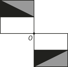 Ilustração de dois quadrados. O primeiro é a figura original. Ela se une a outro quadrado pelo ponto O, em seu canto inferior direito. Neste segundo quadrado, o triângulo cinza e preto está na metade inferior, estando a metade superior em branco. As cores estão invertidas em relação à original: preto em cima e cinza embaixo.