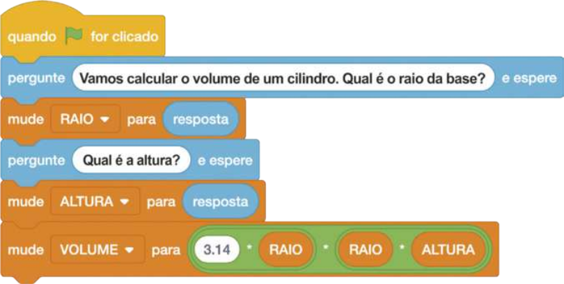 Continuação da sequência de blocos anteriormente descrita. Nos blocos verdes os espaços em branco foram substituídos por: '3.14', 'RAIO', 'RAIO', 'ALTURA'.