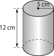 Ilustração de um cilindro. O raio da base mede 5 centímetros e a altura mede 12 centímetros.