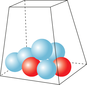 Ilustração de uma urna transparente com duas bolinhas vermelhas e cinco bolinhas azuis.