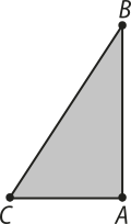Ilustração do triângulo retângulo A B C anteriormente descrito. Ele está apoiado sobre o cateto menor, C A.