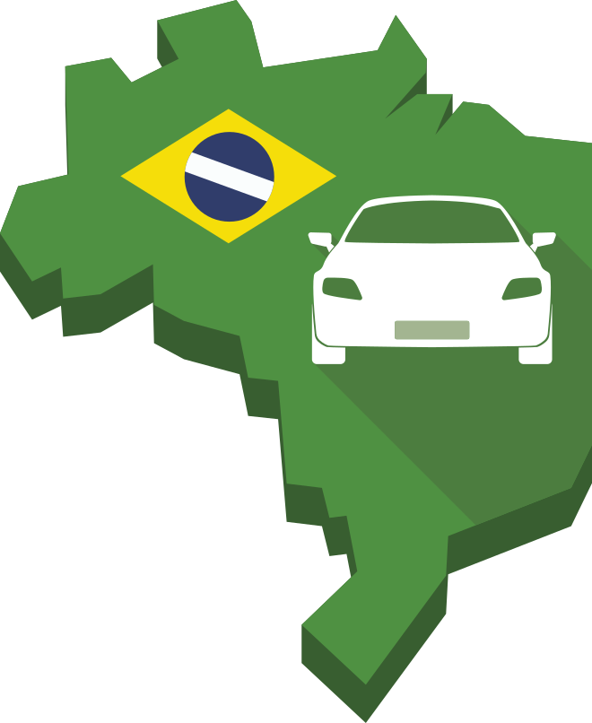 Ilustração do mapa do Brasil em alto relevo, completamente colorido em verde. Há uma pequena bandeira nacional na parte superior e um automóvel branco ao centro.
