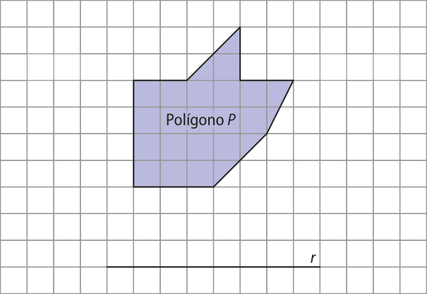 Ilustração de um polígono não convexo 'P' de oito lados, em malha quadriculada. Abaixo há uma reta horizontal 'r'. O lado de 'P' mais próximo da reta, dista três quadradinhos dela.