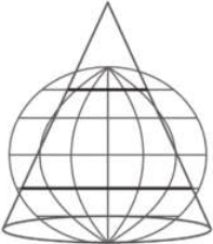 Ilustração de um globo sendo envolvido por um cone. O polo sul toca a base do cone, que não envolve completamente o globo, de forma que partes do mesmo ficam fora do cone. Um paralelo próximo ao polo norte e um paralelo no hemisfério sul estão em destaque.