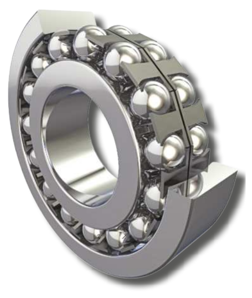 Ilustração de um rolamento com esferas. Consiste em uma peça de metal de formato anelar com pequenas esferas, também de metal, em seu interior, organizadas de duas em duas, ao longo da circunferência da peça.