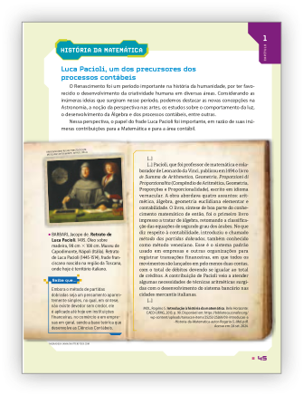 Reprodução de página do livro contendo a seção história da matemática.