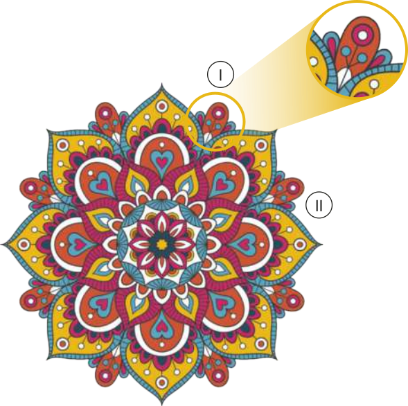 Ilustração de uma mandala. Ela possui pétalas dispostas circularmente e em camadas, com oito pétalas cada, de forma que as pétalas na mesma camada possuem os mesmos padrões de formas e cores.