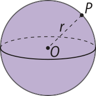 Ilustração de uma esfera. Ela possui centro 'O'. Partindo de 'O' há um segmento pontilhado, de medida indicada por 'r', até o ponto 'P', na extremidade da esfera.