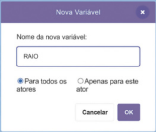 Ilustração da aba 'Nova variável'. Há um espaço para digitação, sobre o qual está escrito 'Nome da nova variável'. Logo abaixo há duas opções de seleção: 'Para todos os atores' e 'Apenas para este ator'. A primeira das opções está selecionada. Abaixo há os botões 'Cancelar' e 'Ok'.