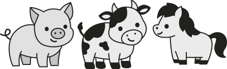 Ilustração com os desenhos anteriormente descritos: São eles: porco, vaca e cavalo.