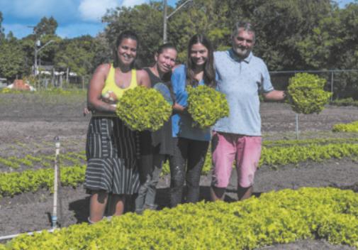 Fotografia de pessoas em uma horta. Há três mulheres e um homem. Estão em pé, em meio a uma plantação de hortaliças, exibindo alguns maços.