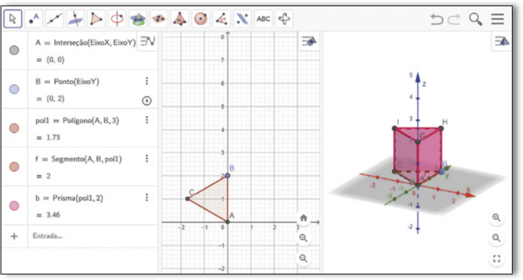 Reprodução da tela do programa anteriormente descrito. Na janela de álgebra há algumas informações. Ao centro há um plano cartesiano com um triângulo plotado. Ao lado há um eixo tridimensional onde há um prisma de base triangular.