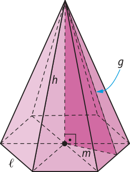 Ilustração de uma pirâmide hexagonal. O hexágono da base possui lado de medida indicada por 'l' e está dividido em triângulos a partir do centro do polígono. Há um segmento, indicado por 'h' ligando o vértice da pirâmide ao centro da base. Esse segmento é perpendicular ao segmento 'm', que liga o centro do hexágono ao ponto médio do seu lado. O triângulo formado pelo segmento 'h', pelo segmento 'm' e pelo apótema da pirâmide, denominado 'g', está destacado.