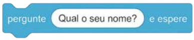 Ilustração de um bloco de programação, de cor azul. Nele está escrito: 'pergunte'; 'Qual o seu nome', em um fundo branco; 'e espere'.