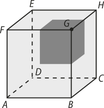 Ilustração de um cubo A B C D E F G H. Ocupando as faces E F G H, A B F G e B C H G há quadrados cinza, dispostos de forma que os três se encontram no vértice G.