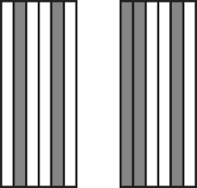 Ilustração de um código de barras. Há dois retângulos, cada um dividido em 6 partes, sendo que algumas partes estão em cinza e outras em branco. No primeiro código há a seguinte sequência de cores: branco, cinza, branco, branco, cinza, branco. No segundo há a seguinte sequência de cores: cinza, cinza, branco, branco, cinza, branco.