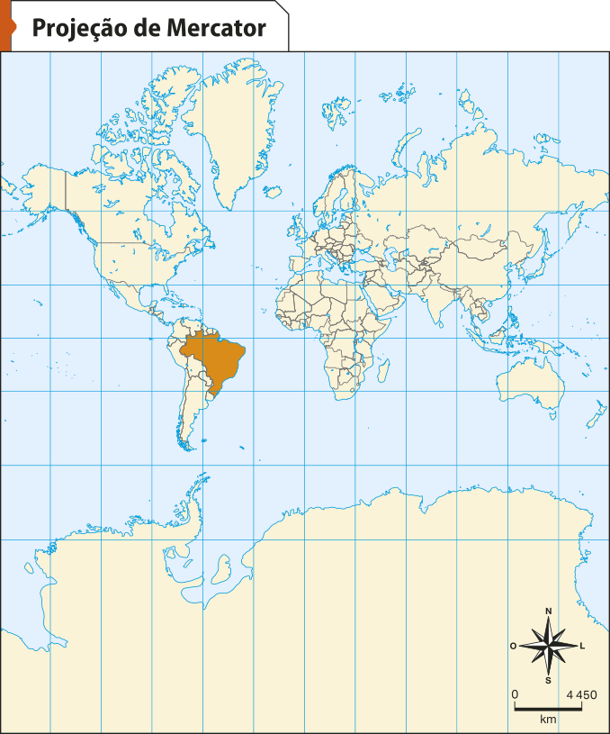 Projeção de Mercator, do globo terrestre. Os meridianos e paralelos são linhas retas. A região dos polos está deformada por alongamento.