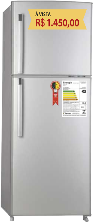 Imagem de uma geladeira. Na porta superior há um anúncio onde está escrito 'À vista R$ 1.450,00'. Na porta inferior há um selo e uma folha branca com informações sobre energia.