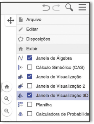 Ilustração de um menu do programa anteriormente descrito. Nele há os seguintes itens: 'Arquivos', 'Editar', 'Disposições', 'Exibir', 'Janela de álgebra', 'Cálculo simbólico (CAS)', 'Janela de Visualização', 'Janela de Visualização 2', 'Janela de Visualização 3D', 'Planilha' e 'Calculadora de probabilidades'.