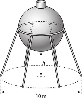 Ilustração de uma esfera sustentada por colunas. Há um aro ao longo do círculo equatorial da esfera, do qual partem colunas que sustentam a esfera, permitindo que ela fique a uma distância 'h' do solo. As extremidades das colunas estão sobre uma circunferência, no solo, de diâmetro 10 metros.