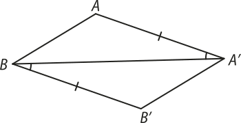 Ilustração de dois triângulos, A B A' e B' B A'. Eles estão unidos pelo lado B A'. Os lados A A' e B B' possuem a mesma medida. Os ângulos A A' B e B' B A' possuem a mesma medida.