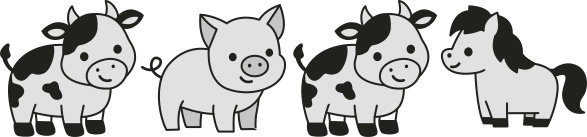 Ilustração contendo quatro desenhos de animais. São eles, nesta ordem: vaca, porco, vaca e cavalo.