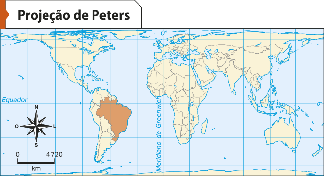 Ilustração de uma projeção do globo terrestre. Os meridianos e paralelos são linhas retas e, no hemisfério norte, próximo ao polo, há um achatamento do mapa.