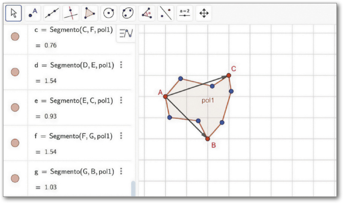 Reprodução de tela principal do programa GeoGebra. Na malha quadriculada, três pontos A, B e C, formando um triângulo, estão em vermelho. Há dois vetores com origem no ponto A, um com extremidade em B e o outro com extremidade em C. Entre cada par de pontos do triângulo A B C foram colocados dois pontos, totalizando seis pontos, formando um novo polígono.
