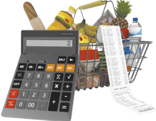 Ilustração de uma calculadora. Ao fundo há uma cesta cheia de produtos alimentícios.