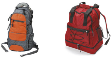 Ilustração contendo duas mochilas de modelos diferentes. Uma delas é de cores cinza e laranja e a outra é de cor vermelha.
