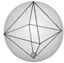 Ilustração de um octaedro inserido em uma esfera. Os vértices do octaedro tocam a a esfera. Dentro do octaedro, no vértice inferior, há uma pequena esfera.