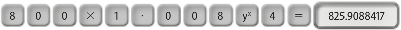 Ilustração contendo teclas de calculadora. Estão uma ao lado da outra, indicando números e operações. São elas: Número oito Número zero Número zero Multiplicação Número um Ponto Número zero Número zero Número oito y^x Número quatro Sinal de igual  Ao fim da sequência de teclas há o resultado 825.9088417