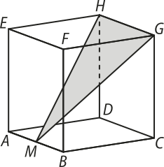 Ilustração de um cubo A B C D E F G H. A base inferior possui vértices A, B, C e D. A base superior possui vértices: E, correspondente ao vértice A; F, correspondente ao vértice B; G, correspondente ao vértice C; H, correspondente ao vértice D.  Na aresta A B há o ponto M e unindo os vértices H, G e M forma-se um triângulo, que está destacado.