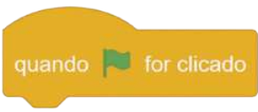 lustração de um bloco de programação de cor amarela. Nele está escrito 'quando', uma bandeira verde, 'for clicado'.