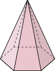 Ilustração de um poliedro. Ele possui uma base hexagonal e as faces laterais triangulares se unem em um único ponto fora da base.