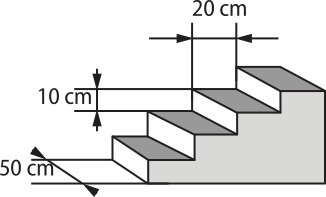 Ilustração de uma escada maciça. Os degraus são em formato retangular. O comprimento da parte frontal da escada é 50 centímetros. A altura de um degrau é de 10 centímetros e a largura de cada degrau é de 20 centímetros.