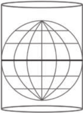 Ilustração de um globo sendo envolvido por um cilindro.  Um cilindro tangencia o globo ao longo de toda a linha do Equador, que está destacada.