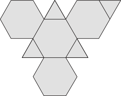 Ilustração de uma planificação. É formada por quatro hexágonos e quatro triângulos, todos polígonos com a mesma medida de lado. Há um hexágono no meio. Alternando entre os lados do hexágono, há três triângulos encaixados. Entre os triângulos, estão encaixados os demais três hexágonos. No hexágono da direita, no seu lado direito, na parte superior, está encaixado o quarto triângulo.