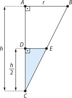 Ilustração de um triângulo retângulo A B C, retângulo em A. O cateto menor A B está voltado para cima e tem medida 'r'. O lado A C tem medida 'h'. No lado A C há um ponto D posicionado de forma que a distância de C a D é fração: h sobre 2. No lado B C há um ponto E e o segmento D E está traçado, de forma que o triângulo formado pelos pontos  C D E é retângulo em D.