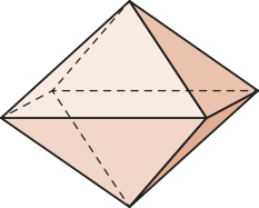 Ilustração de um octaedro. Formado por quatro triângulos, unidos pelos vértices em um único ponto e mais quatro triângulos unidos pelo vértice em outro ponto, abaixo do primeiro.
