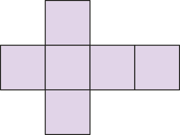 Ilustração de uma planificação. Há quatro quadrados na horizontal, unidos por suas arestas. O segundo quadrado possui mais dois quadrados ligados a ele. Um em cima e outro embaixo.