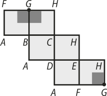 Ilustração de uma planificação. Consiste em dois quadrados, A B G F e B C H G, unidos pelo lado G B, na horizontal. Abaixo do segundo inicia-se mais uma fileira com dois quadrados, A D B C e D E H C, unidos pelo lado D C, na horizontal. Abaixo do segundo quadrado desta segunda fileira, inicia-se a terceira fileira, com dois quadrados, A F D E e F G H E unidos pelo lado E F. Há dois quadrados menores, de cor cinza, nos cantos dos dois quadrados da primeira fileira, unidos no vértice G. No quadrado F G H E da terceira fileira, há também um pequeno quadrado cinza no canto inferior direito.