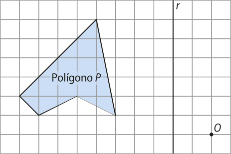 Ilustração de um polígono não convexo, denominado Polígono P, em malha quadriculada. À direita do polígono há uma reta vertical 'r' e, à direita da reta, há um ponto 'O'.