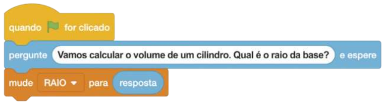 Ilustração dos três blocos de programação anteriormente descritos, encaixados uns sobre os outros. O primeiro é o bloco amarelo. O segundo, logo abaixo, é o bloco azul, onde está escrito: 'pergunte'; 'Vamos calcular o volume de um cilindro.  Qual é o raio da base?' 'e espere'. O terceiro é o de cor laranja, onde está escrito: 'mude'; 'RAIO'; 'para'; 'resposta'.